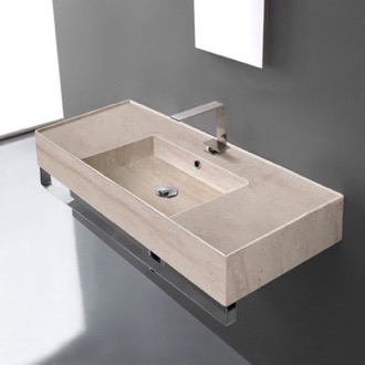 Bathroom Sink Beige Travertine Design Ceramic Wall Mounted Sink With Counter Space, Towel Bar Included Scarabeo 5124-E-TB